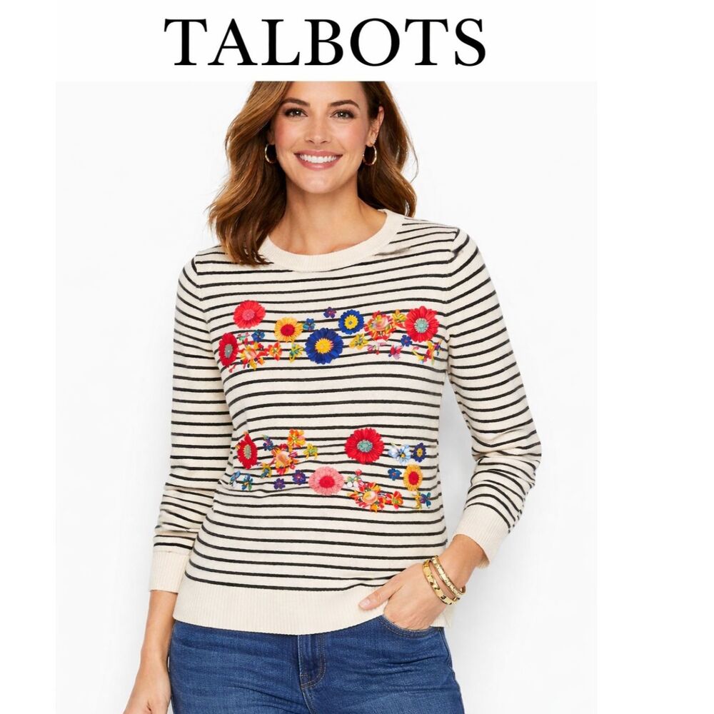 Talbots Floral Row Embellished Crewneck Sweater Size M Soft Classic Knit